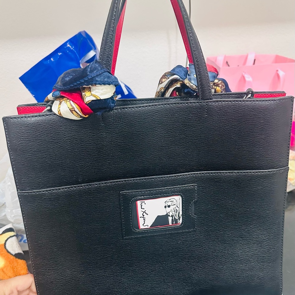 Black Tote Bag with Red Trim and Scarf Accent Karl Lagerfeld - Picture 2 of 3